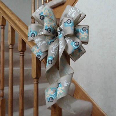 10'' WIDE HELLO SPRING BLUE TRUCK EASTER BOW~DECORATION FOR WREATHS, GIFTS, CRAFT