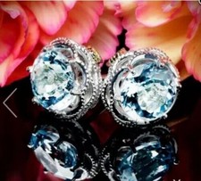 Round Cut Lab-Created Aquamarine Diamond Stud Earrings 14K White Gold Finish