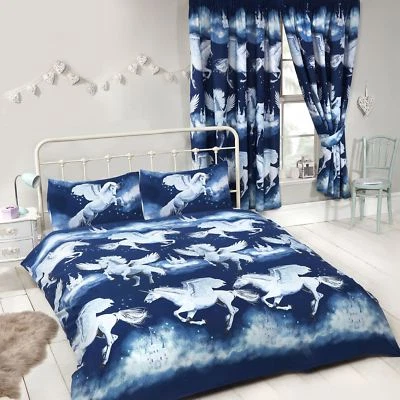 PRH SET COPRIPIUMINO E FEDERA MATRIMONIALE UNICORNO POLVERE DI STELLE BLU NAVY BAMBINA
