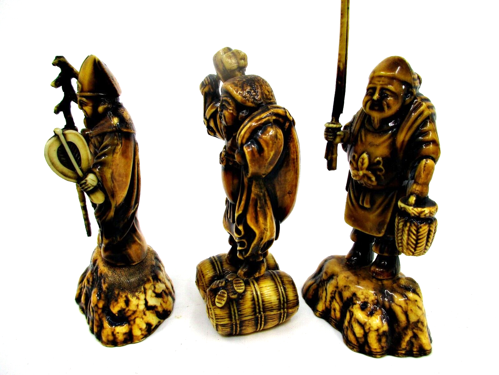 7 Vintage Gods of Good Fortune Figures Asian Japanese Small Statue Set
