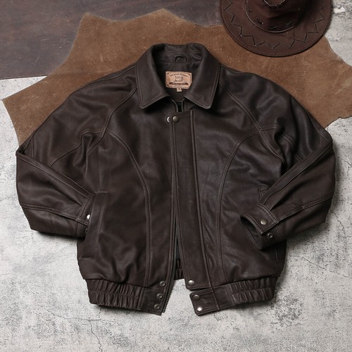 Men's Vintage Bomber Jacket Full Grain Brushed CowhideClassic Leather Jacket - Picture 25 of 25