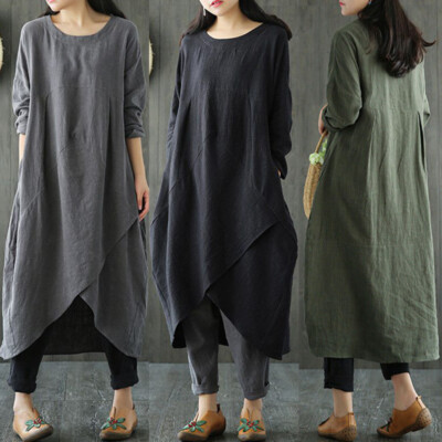 Women Baggy Dress Maxi Dress Casual Loose Long Sleeve Ladies Kaftan Plus Size