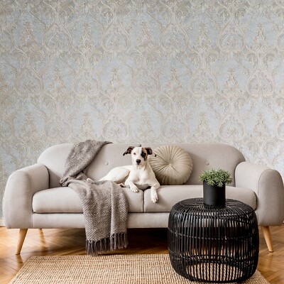 Victorian silver gray brass gold metallic ogee damask textured Wallpaper roll 3D