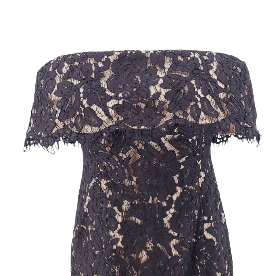 ELIZA J Off Shoulder Midi Dress Black Lace Overlay Ruffle Cocktail LBD Size 4P - Image 3 of 4