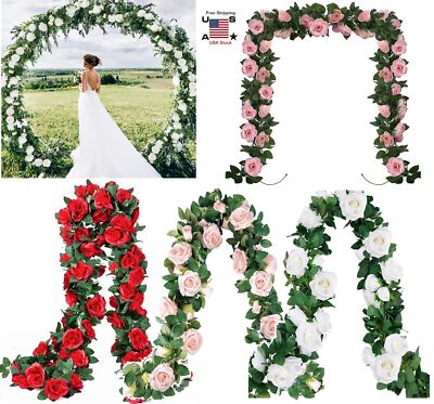 6× Fake Rose Vine Flowers Plants Artificial Hanging Ivy Wedding Decor 7.5 Ft USA