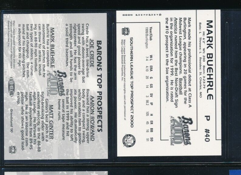 Lot (2) Mark Buehrle 2000 Grandstand Southern League #40 RC