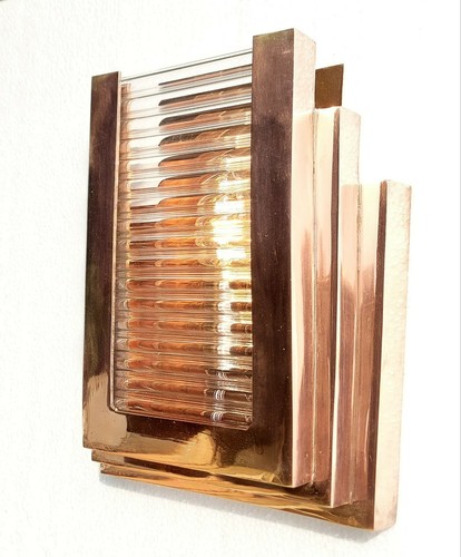 Vintage Old Art Deco Skyscraper Copper & Glass Rod Ship Light Wall Sconces Lamp - Picture 5 of 7