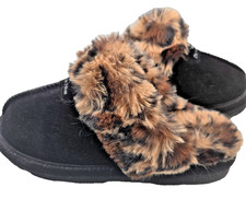 Womens Bearpaw Black Suede Slipper Leopard Trim Mule Comfort Slip On Size 7