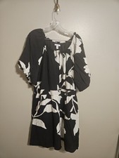 Nine West Black White Floral Shirring Waist Key Hole Neck Puff Sleeve Lined 2X