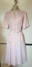 Vintage Nelly Don Pink & White Striped 1960s Day Dress Full Skirt Large