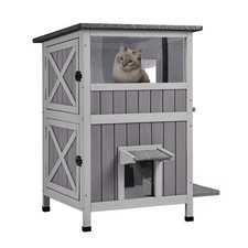 Two-Story Wooden Cat House Outdoor Indoor Waterproof Removable Floor 2 Doors