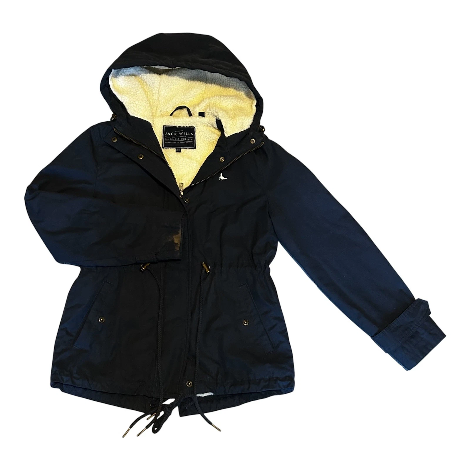 Jack Wills Size 8 Women’s Fleece Sherpa Parka Navy Blue Hooded Jacket Coat