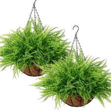 Artificial Hanging Plants with Basket 2PCS Fake Boston Fern Baskets, Outdoor Fau