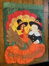Happy Thanksgiving Outdoor Banner Flag Turkey Child Pilgrim 2 Sided 28.5  X 40  