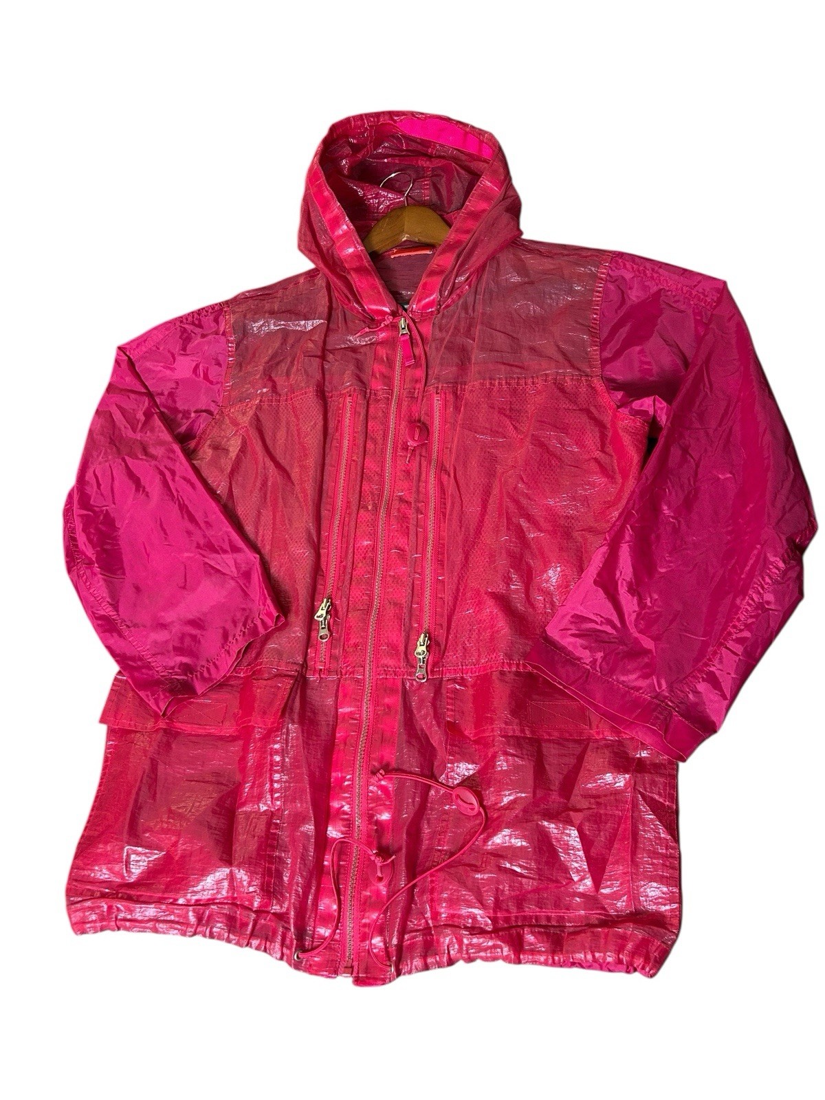Y2K Liz Claiborne Translucent Jacket Size M Hot Pink Hooded Coated Windbreaker