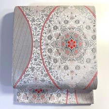 Japanese Fukuro Obi Aya Nishiki Shosoin Karahana Silver Silk Sash