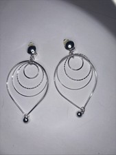 Vintage Multi Hoop Silver Tone Large Dangle Clip On Earrings