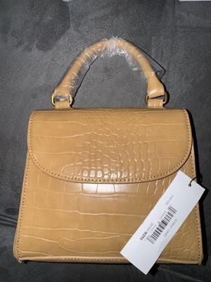 Tan Crocodile Embossed Bag Gold Hardware Magnetic Closure Detachable Strap Women