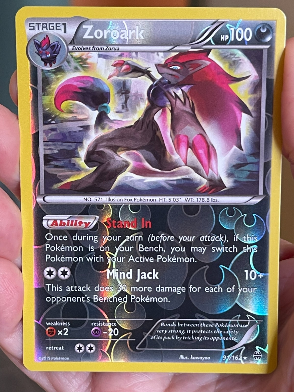 POKEMON ZOROARK 91/162 RARE REVERSE HOLOFOIL BREAKTHROUGH NM CARD