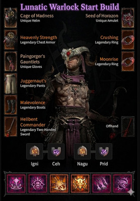 DIABLO 4 SEASONAL 14 LUNATIC WARLOCK BUILD x9 NON-GA ITEMS 100M GOLD