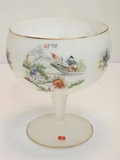 Vintage Frosted Satin Hand Painted Glass Asian Motif Compote Made In Italy