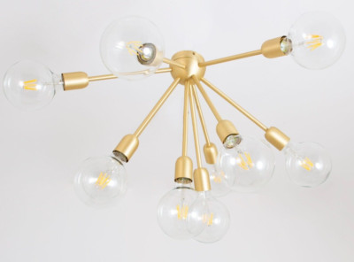 Mid Century Design 10 Arms Half Flush Mount Brass Chandelier Light Fixture