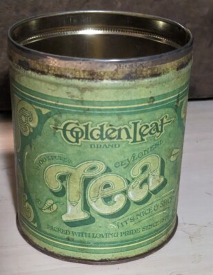 1977 Vtg Golden Leaf Tea Green Metal Tin Ballonoff Canister Container Cleveland 