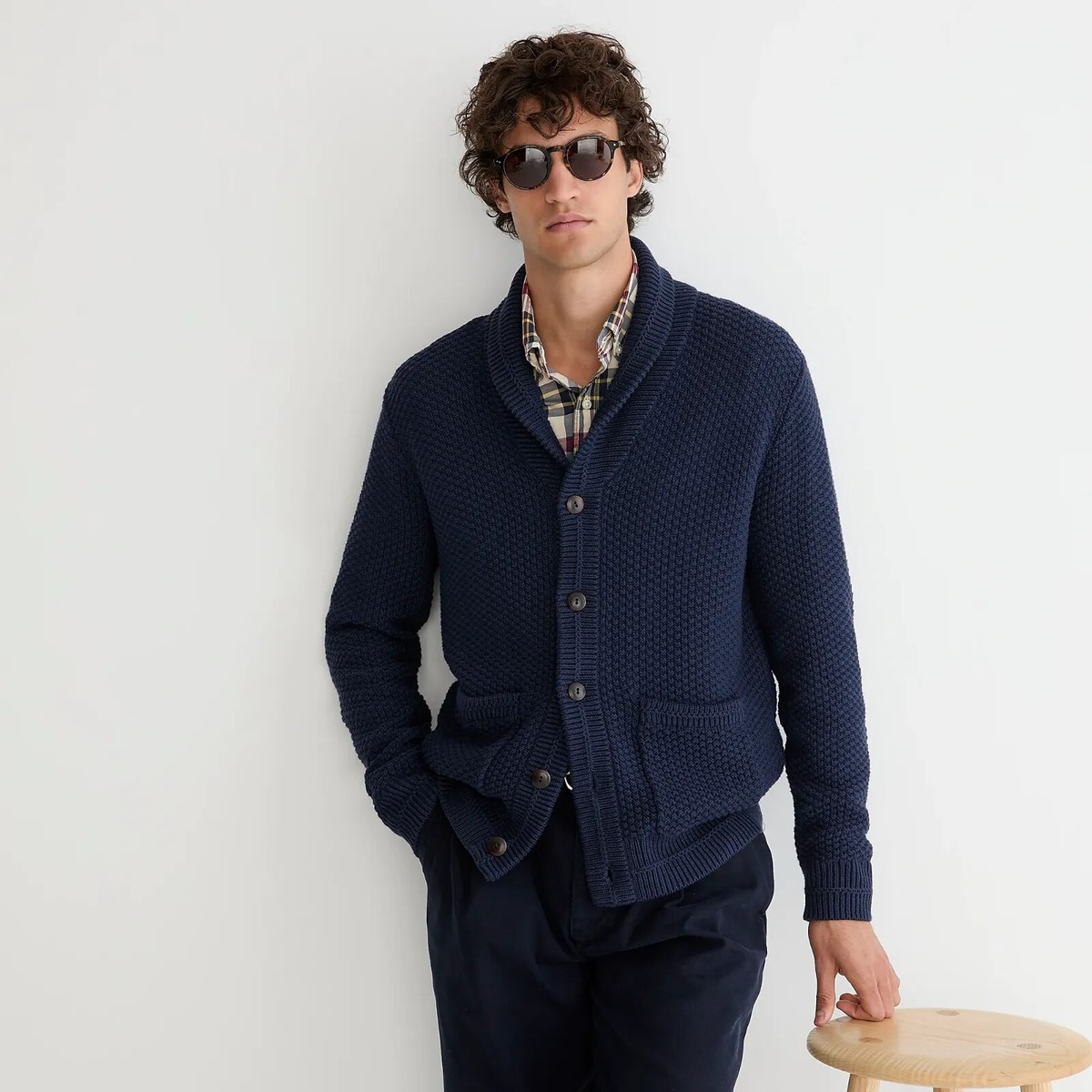 J. CREW Men's Checker-stitch Shawl Collar Cardigan Sweater J. CREW Men's Checker-stitch Shawl Collar Cardigan Sweater