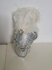 Mardi Gras Mask 1/2 Face Silver/White Lame" Fabric Feathers Sequin  Bead Trim