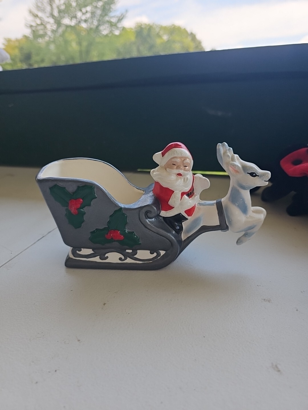 Vintage Christmas Santa Claus Reindeer Sleigh Candy Dish Figurine