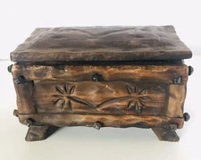 Vtg Wood Box Footed Hand Carved Folk Art Primative Rustic Spanish Decor
