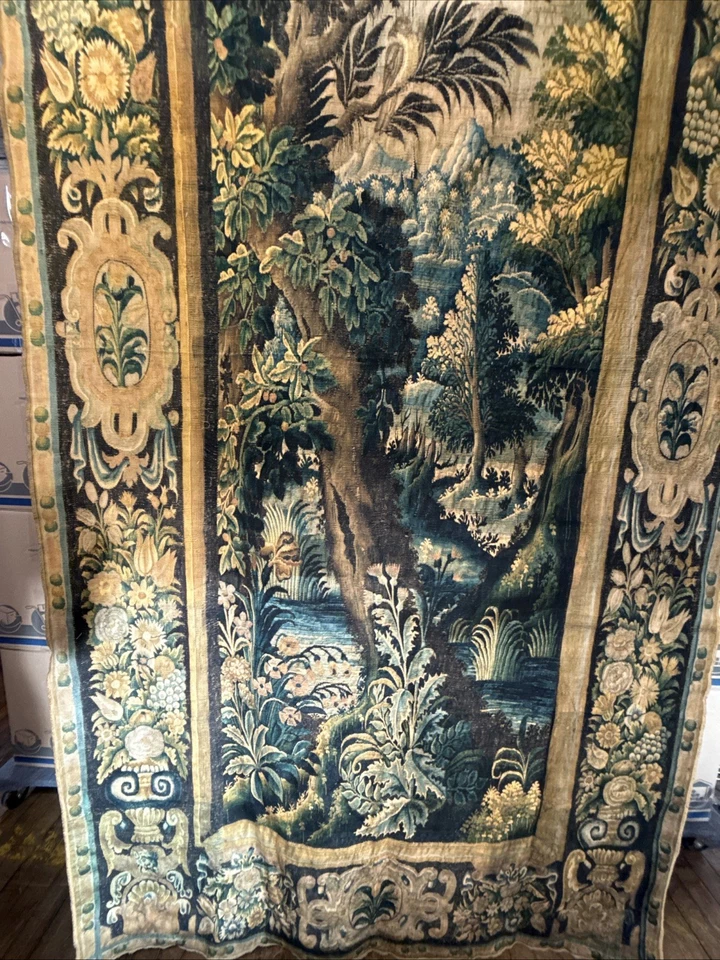 Tapiz francés Verdure 17c reproducción de fibra natural 9,75 pies de alto x 4,75 pies Foto 4 de 4
