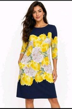Charter Club Petite Navy & Yellow Floral Shift Dress (Petite :Large)