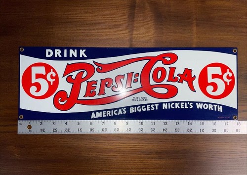 Vintage Ande Rooney Porcelain Enameled Pepsi-Cola 5 Cents Metal Sign 6"H X 18"L - Picture 1 of 3