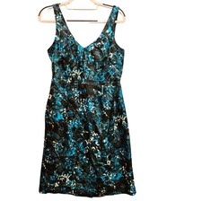 J. Crew 100% Silk Dress Womens 6 Blue Black White Abstract Print Pleated Pockets