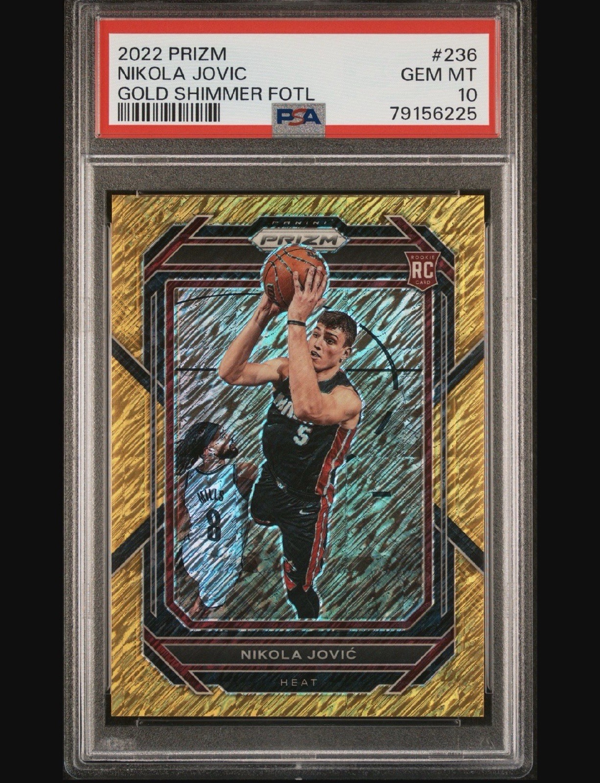 2022-23 PANINI PRIZM - NIKOLA JOVIC #236 GOLD SHIMMER FOTL RC PSA 10 POP 4 HEAT