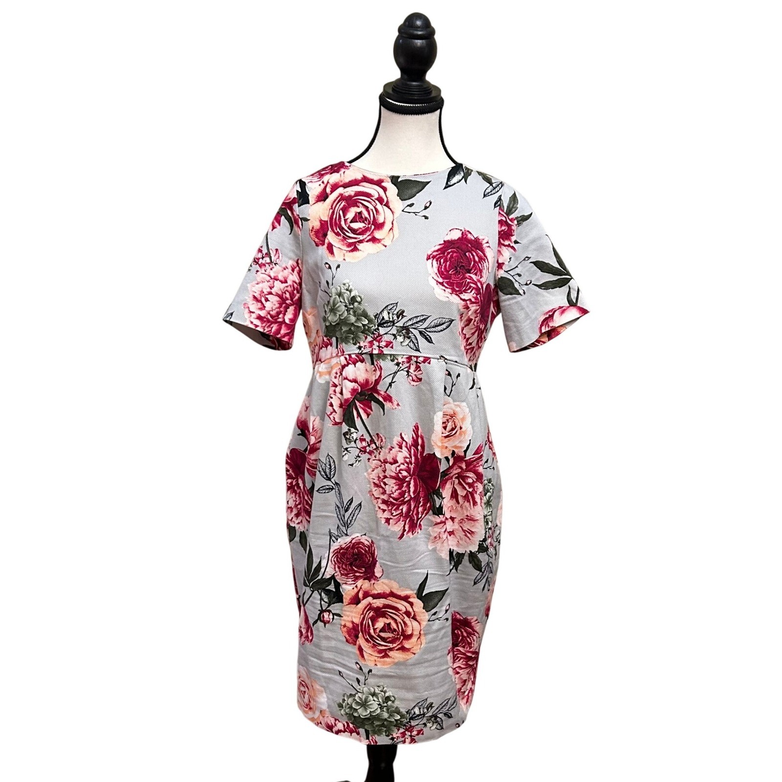 ASOS Floral Print Dress Gray Pink Burgundy Deep V Back Size 6 Party Cocktail