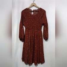 Women's Floral Smocked Dress Size M Burgundy Cottagecore Peasant Retro Boho Y2K