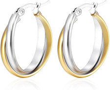 Two Tone Earrings for Women Gold and Silver Earrings Polished Chunky Huggie Hoop