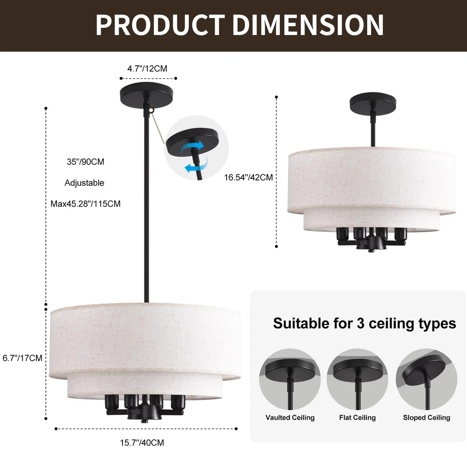 Lámparas colgantes de granja, candelabros de tambor de 15,7" con tela de 2 capas... Foto 3 de 4