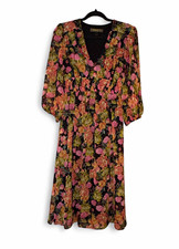 melonie t black pink green floral v-neck 3/4 sleeve lined midi a-line dress 4