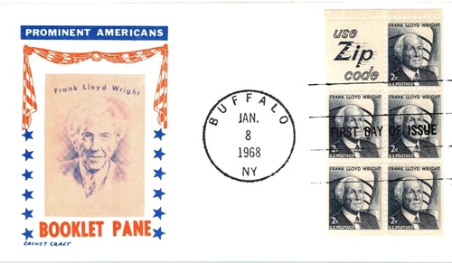 ARCHITECT FRANK LLOYD WRIGHT 1968 BOOKLET CACHET CRAFT ZIP PANE FDC UNADDR