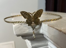 Elegant Brass Butterfly Diadem Tiara with Crystal Drop