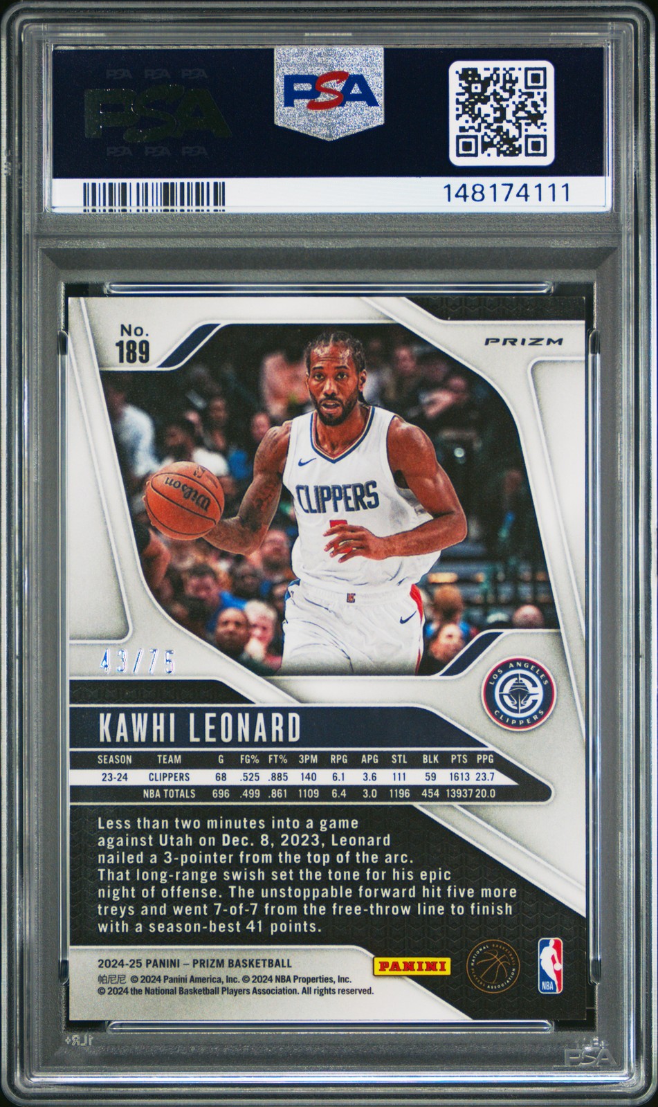 Kawhi Leonard #189 2024 Panini Prizm PSA 8 view 2
