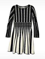 Women’s Black & White Geometric Knit Skater Dress Long Sleeve XL Fits M/L