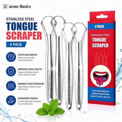 Premium Tongue Scraper.  Stainless Steel for Adults & Kids. Oral Care (4Pcs)