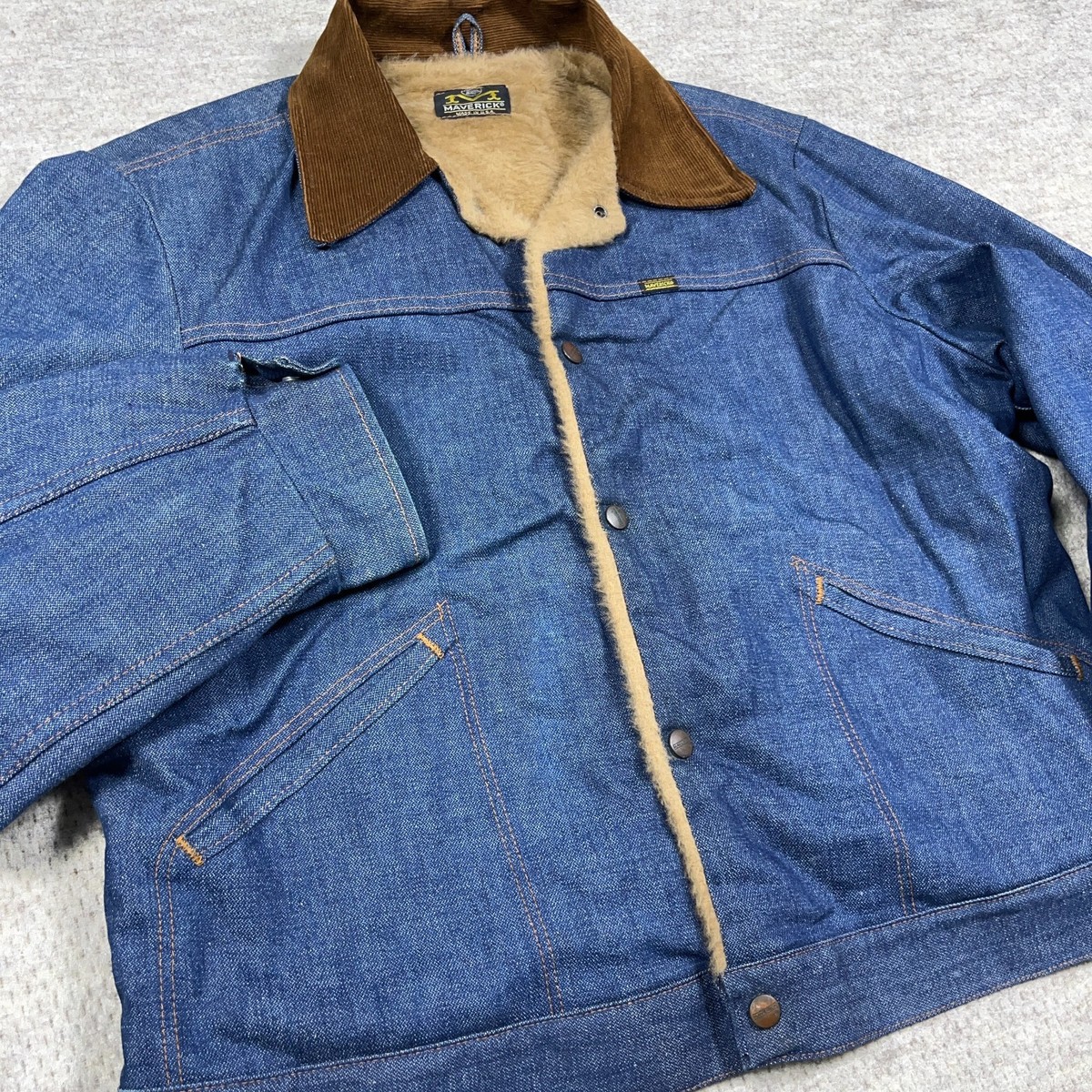 Vintage Maverick Denim Jacket Men Size 44 Sherpa Lined 70s Blue