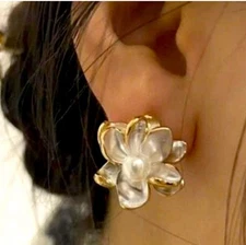 Enamel Pearl Camellia earrings White 925 Silver Post womens jewelry NWT