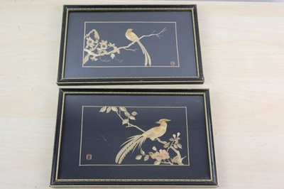 Paar alte chinesische Stroh Intarsien Wandkunst Vogel & Blumenszenen 10,7 x 6,8 Zoll