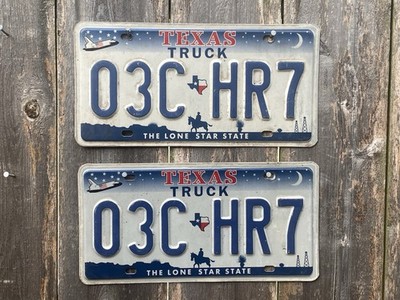 Vintage Texas License Plate Pair 03C HR7 Space Shuttle Cowboy Moon Stars